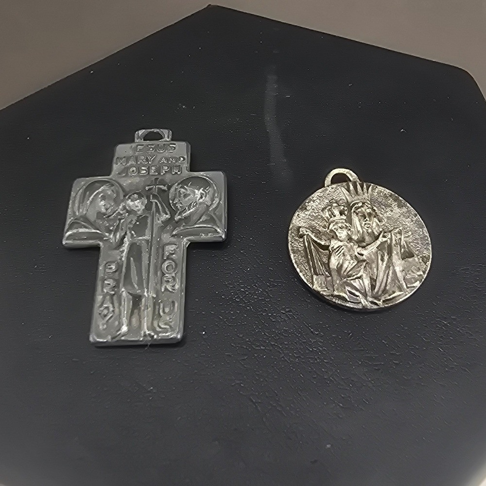 Vintage Estate Religious Medals Silver Tone St Christopher Holy Family Cross Set